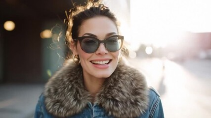 Young woman with a stylish ponytail gazes into the distance, exuding a carefree urban vibe, winter fashion with fur elements complements her eyewear