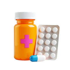 Orange prescription bottle with pills and blister pack isolated on transparent background