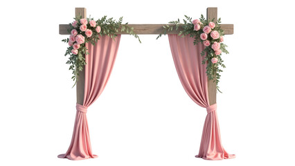 Elegant wedding arch adorned with pink roses and flowing drapes, perfect for romantic ceremonies and celebrations