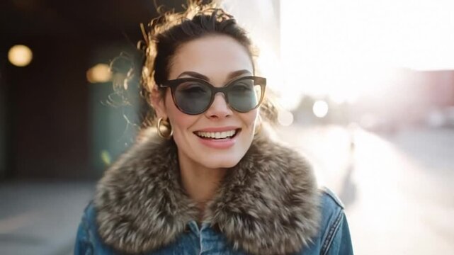 Young woman with a stylish ponytail gazes into the distance, exuding a carefree urban vibe, winter fashion with fur elements complements her eyewear