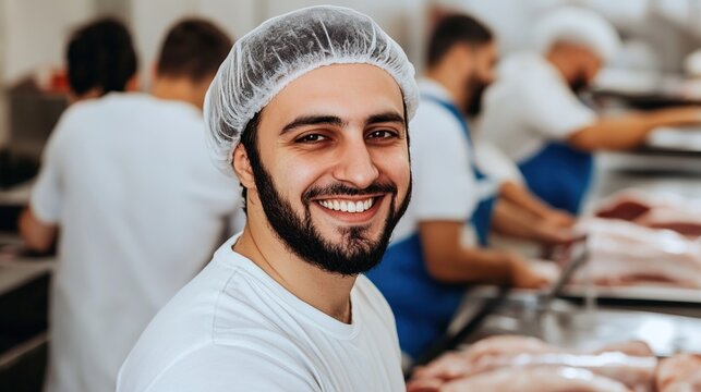 Worker Working Scene in Meat Processing Plant, Smiling Practitioner, Food Production Environment Material - Powered by Adobe