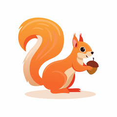 A cheerful cartoon illustration of a bright orange squirrel holding a brown acorn in its paws, set against a clean white background.