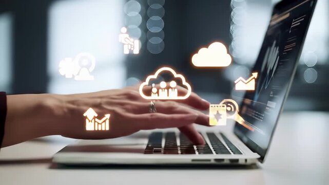 Hands typing on laptop with glowing cloud computing icons and data analytics symbols. Digital transformation, storage technology, business networking infrastructure concept. Modern enterprise. - Powered by Adobe
