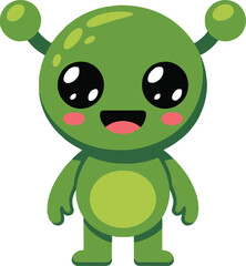 A cartoon illustration of a green alien with big eyes and a smiling face on a white background