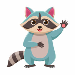 Obraz premium A friendly cartoon raccoon with blue fur and a striped tail waving hello with a smile.