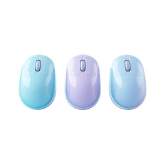 Three pastel computer mice in a row isolated on transparent background