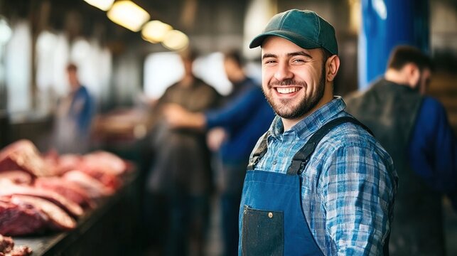 Worker Working Scene in Meat Processing Plant, Smiling Practitioner, Food Production Environment Material