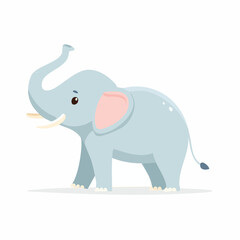 Cartoon illustration of a light blue elephant with pink ears and raised trunk, standing on a white background.