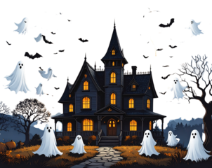 Haunted House with Ghosts and Full Moon Silhouette, isolated on transparent background