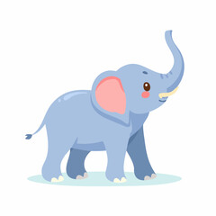 Obraz premium A cute, light blue cartoon baby elephant stands with its trunk raised high, featuring pink ears and a friendly expression.