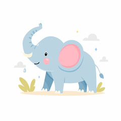 Obraz premium A cute, light blue cartoon elephant stands in a grassy field with fluffy clouds in the background.