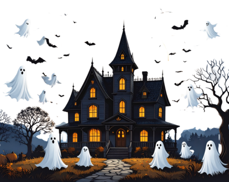 Haunted House with Ghosts and Full Moon Silhouette, isolated on transparent background