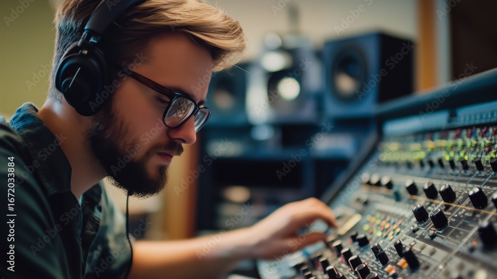 Poster young audio engineer adjusting sound levels in a recording studio with focus and precision