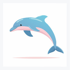 Naklejka premium A cute cartoon illustration of a light blue dolphin with a pink belly gracefully leaping or swimming upwards.