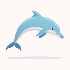 Fototapeta premium A friendly blue and white cartoon dolphin jumping with a happy expression, illustrated against a plain background.