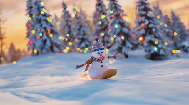 Happy Snowman Sledding in a Snowy Pine Forest with Christmas Lights at Sunset. Playful funny snowman speeding downhill on a sled, scattering snowflakes in an energetic winter scene