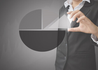 Hand touching pie chart circle diagram, Budget Segmentation. Hand with chart accounting market economy analysis chart, business strategy concept.