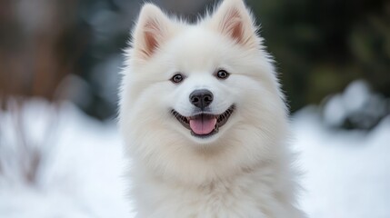Obraz premium Captivating portrait of a fluffy white Samoyed dog radiating joy in a snowy ambience