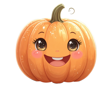 Kawaii Style Pumpkin Character with Sparkly Eyes and Smile, isolated on transparent background - Powered by Adobe