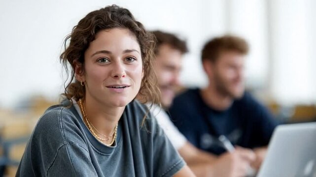 Young woman with curly hair in a casual setting, engaged in conversation, group study atmosphere, diverse learning environment, back-to-school theme