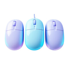 Three pastel computer mice in a row isolated on transparent background