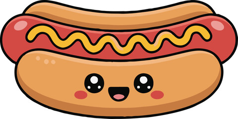 Illustration of a cartoon hotdog with a smiling face and mustard on top against a plain white background