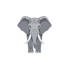 A walking gray cartoon elephant with tusks and a large trunk, isolated on a white background