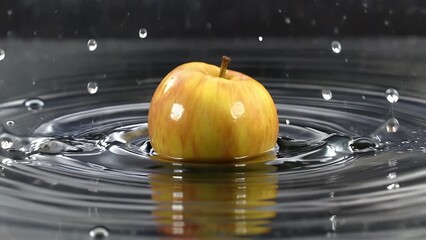 ultra hd 4k slow motion capture of a fresh golden apple splashing dramatically water against a black background with droplets ripples creating a vivid commercial product videography - Powered by Adobe
