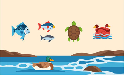 Naklejka premium A happy cartoon crab on a tropical beach fishing in the blue sea with a palm tree on the island