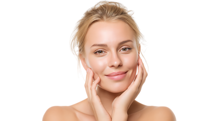 Smiling woman touching her face on transparent background
