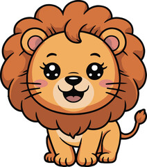 A cartoon lion with a large mane, big eyes, and a happy expression standing on a white background