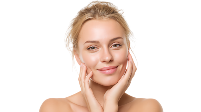 Smiling woman touching her face on transparent background