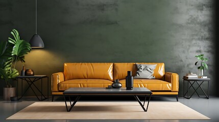Modern industrial living room with dark forest green walls, a soft yellow leather couch, a concrete coffee table, and metallic black wall sconces.