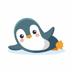 Obraz premium Cute cartoon penguin lying on its belly with its wings outstretched on a white background.