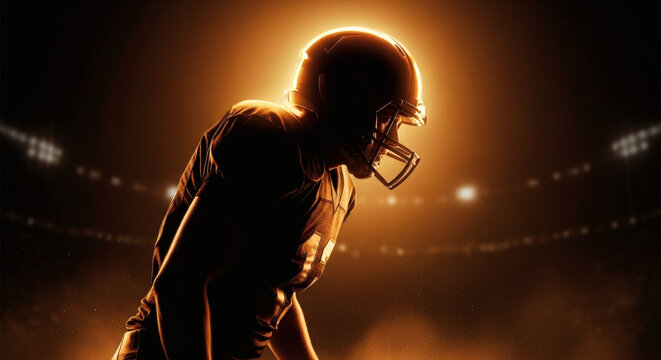Dramatic Backlit American Football Player Silhouette with Stadium Background Image