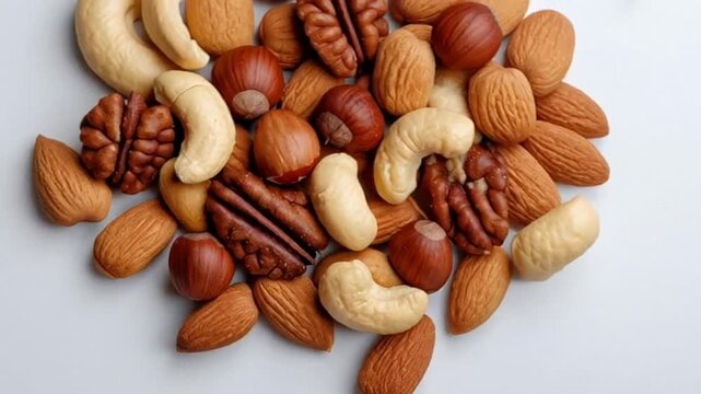 Assorted nuts scattered on a white background, evoking a sense of healthy snacking and natural nutrition, ideal for autumn gatherings or diet-focused content