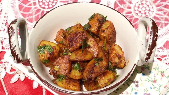 dry potato or aalu fry sabji in a designer serving bowl. 