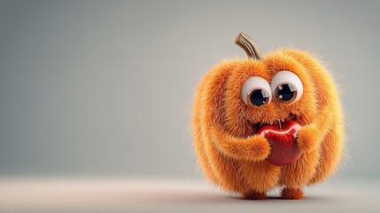 Orange fuzzball pumpkin creature devours scarlet heart, conjuring whimsical Autumn Equinox charm and peculiar Harvest Moon festivities