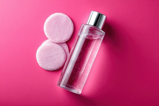 A top-down view of a clear cosmetic bottle and two light pink makeup remover pads on a vivid magenta background.
