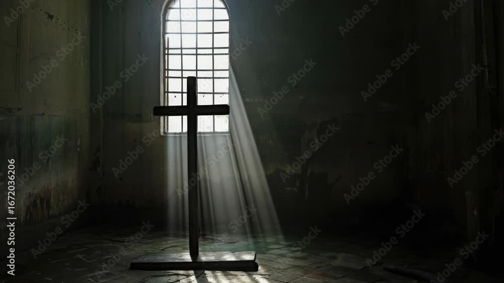 Poster a cross in a dark room with sunlight filtering through the window