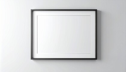 A sleek black picture frame hanging on a pristine white wall, offering a clean, empty canvas for your artwork, photos, or design concepts. Ideal for mockups and interior decor