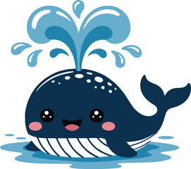Cartoon whale with water spout and big eyes smiling in a pool of water on a white background