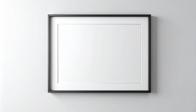 A sleek black picture frame hanging on a pristine white wall, offering a clean, empty canvas for your artwork, photos, or design concepts. Ideal for mockups and interior decor