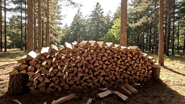 Stacked firewood rests between tree stumps in a sunlit forest clearing filled with pines