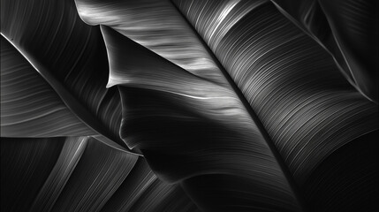 A high-resolution, cinematic photograph of a series of banana leaves, their layered forms creating a sense of depth and organic patterns, with a play of light and shadow.
