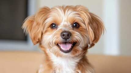 Captivating close-up of a cheerful, light brown terrier mix with expressive eyes and a happy open