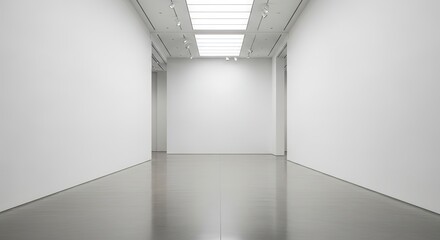 Fototapeta premium Minimalist Gallery Space with Reflective Floor and Overhead Ligh