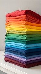 Stack of folded t-shirts arranged in a rainbow gradient displaying vibrant colors and fashion aesthetic