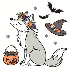 Spooky Fun themed SVG: Gentle Wolf with with a flower crown in a Halloween environment