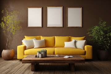 Modern living room design yellow sofa wooden coffee table three frames brown wall plants